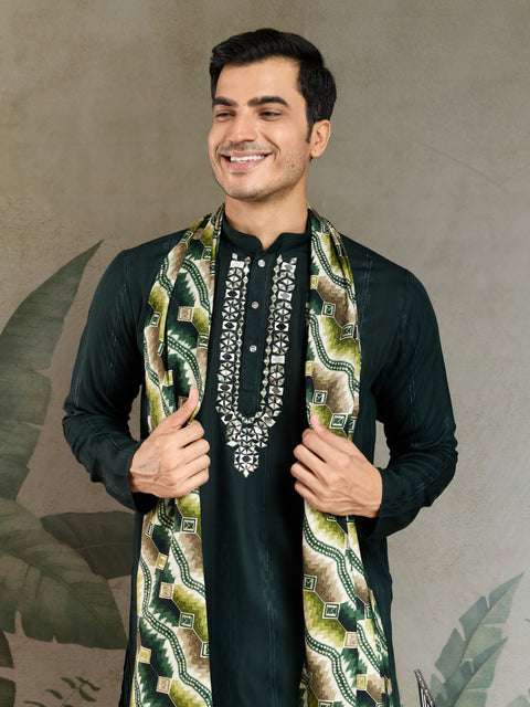 Elegant Men's Green Kurta Set – Pure Viscose Fabric with Mirror Work on Yoke & Printed Dupatta