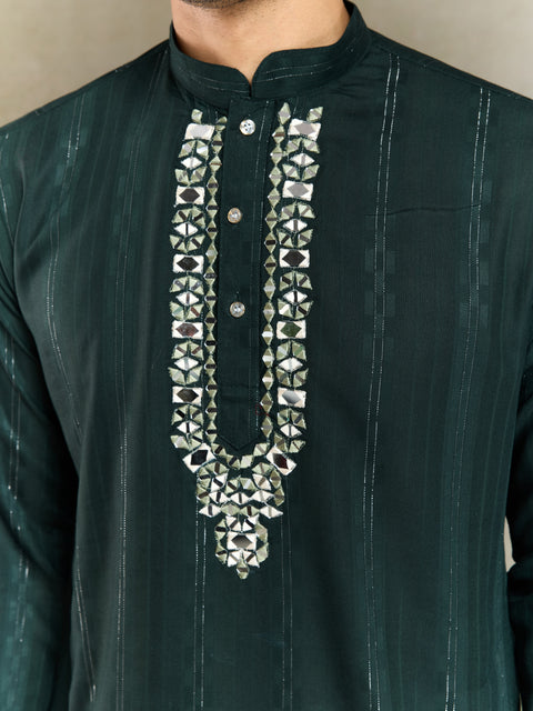 Elegant Men's Green Kurta Set – Pure Viscose Fabric with Mirror Work on Yoke & Printed Dupatta