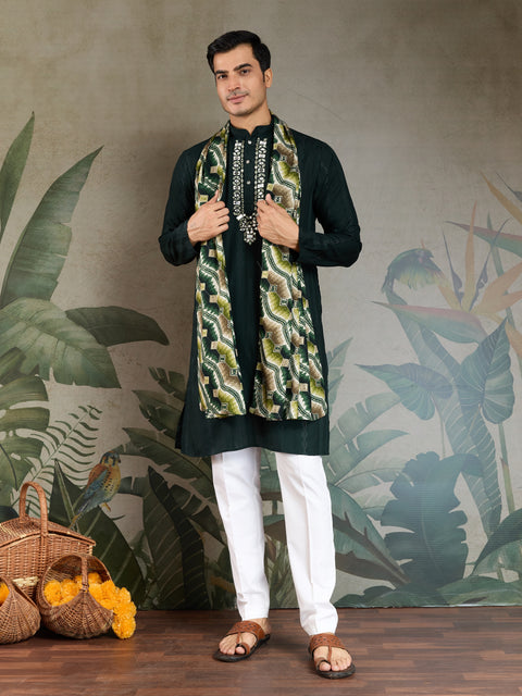 Elegant Men's Green Kurta Set – Pure Viscose Fabric with Mirror Work on Yoke & Printed Dupatta