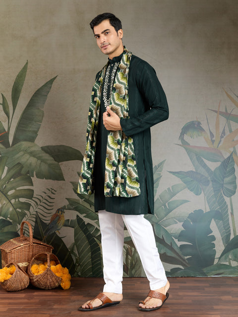 Elegant Men's Green Kurta Set – Pure Viscose Fabric with Mirror Work on Yoke & Printed Dupatta
