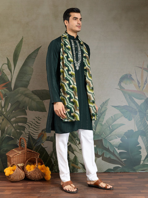 Elegant Men's Green Kurta Set – Pure Viscose Fabric with Mirror Work on Yoke & Printed Dupatta