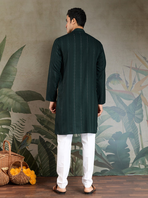 Elegant Men's Green Kurta Set – Pure Viscose Fabric with Mirror Work on Yoke & Printed Dupatta