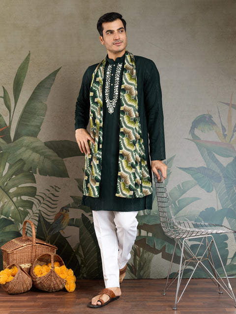 Elegant Men's Green Kurta Set – Pure Viscose Fabric with Mirror Work on Yoke & Printed Dupatta