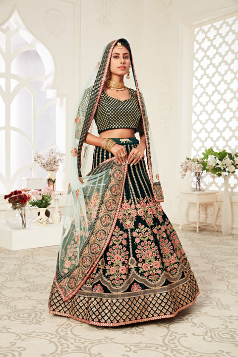 Dark Green Heavy Embroidered Velvet Bridal Lehenga Set