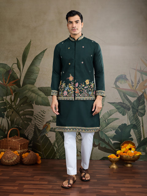 Men’s Green Embroidered Kurta Set with Nehru Jacket – Perfect for Weddings & Festive Events