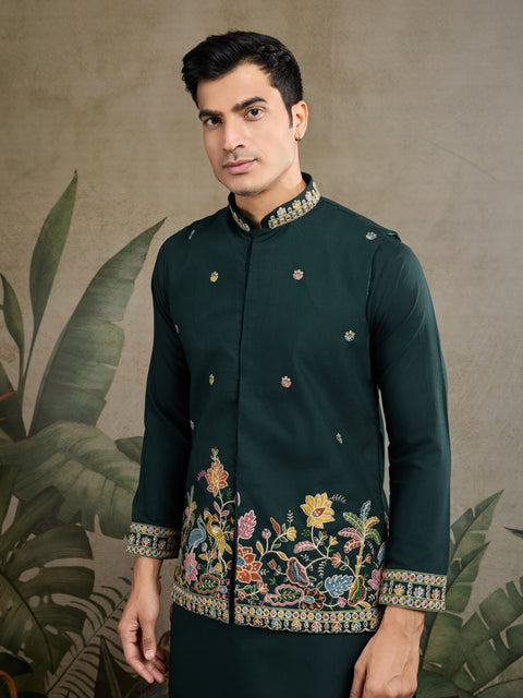 Men’s Green Embroidered Kurta Set with Nehru Jacket – Perfect for Weddings & Festive Events
