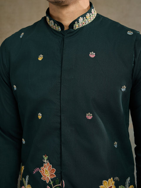 Men’s Green Embroidered Kurta Set with Nehru Jacket – Perfect for Weddings & Festive Events