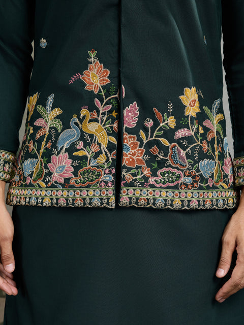 Men’s Green Embroidered Kurta Set with Nehru Jacket – Perfect for Weddings & Festive Events