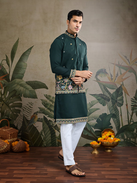 Men’s Green Embroidered Kurta Set with Nehru Jacket – Perfect for Weddings & Festive Events