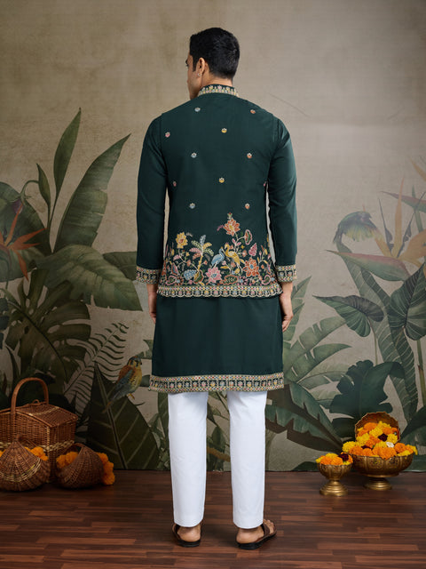 Men’s Green Embroidered Kurta Set with Nehru Jacket – Perfect for Weddings & Festive Events