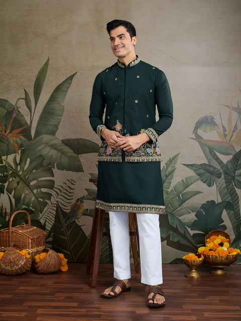 Men’s Green Embroidered Kurta Set with Nehru Jacket – Perfect for Weddings & Festive Events