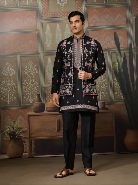 Men’s Black Kurta Set with Embroidered Jacket – Indian Wedding & Festive Outfit (Viscose Silk)