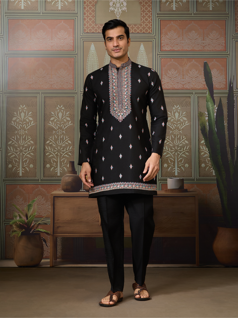 Men’s Black Kurta Set with Embroidered Jacket – Indian Wedding & Festive Outfit (Viscose Silk)