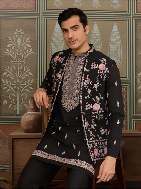 Men’s Black Kurta Set with Embroidered Jacket – Indian Wedding & Festive Outfit (Viscose Silk)