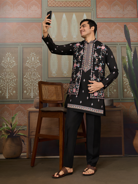 Men’s Black Kurta Set with Embroidered Jacket – Indian Wedding & Festive Outfit (Viscose Silk)