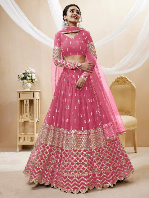 Artistic Pink Wedding wear Heavy Lehenga Choli for Women with Dupatta Sequence Lehenga Choli In USA