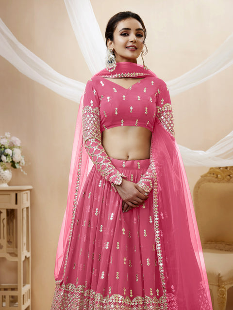 Artistic Pink Wedding wear Heavy Lehenga Choli for Women with Dupatta Sequence Lehenga Choli In USA