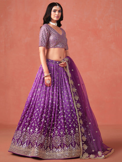 Purple Sequins Georgette Lehenga Choli for Women