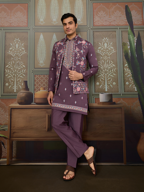 Premium Men’s Ethnic Kurta Set in Purple – Embroidered Jacket for Wedding & Festive Occasions