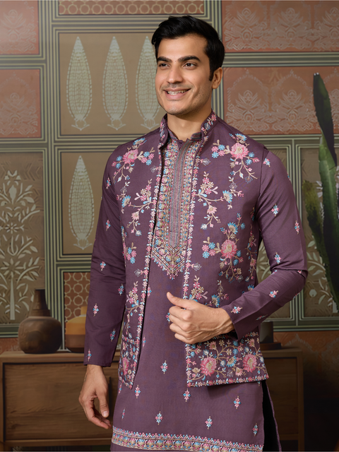 Premium Men’s Ethnic Kurta Set in Purple – Embroidered Jacket for Wedding & Festive Occasions