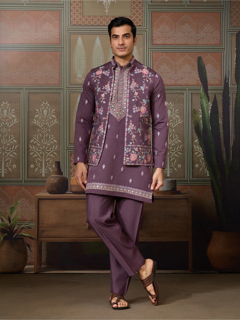 Premium Men’s Ethnic Kurta Set in Purple – Embroidered Jacket for Wedding & Festive Occasions