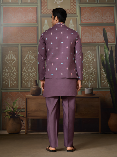 Premium Men’s Ethnic Kurta Set in Purple – Embroidered Jacket for Wedding & Festive Occasions