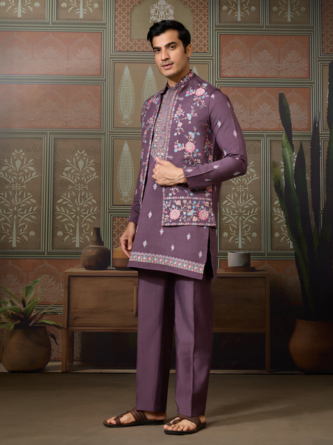 Premium Men’s Ethnic Kurta Set in Purple – Embroidered Jacket for Wedding & Festive Occasions