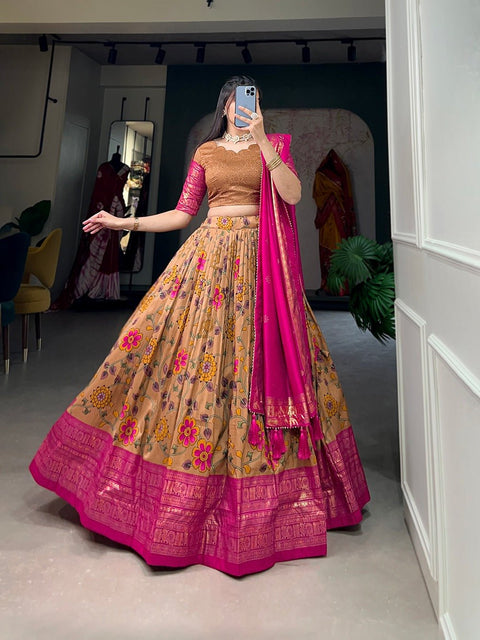 Be a trendsetter in our one - of - a - kind Kalamkari Tussar Silk Lehenga, designed to make you shine with unmatched uniqueness In Wedding - ReadyToWearshop