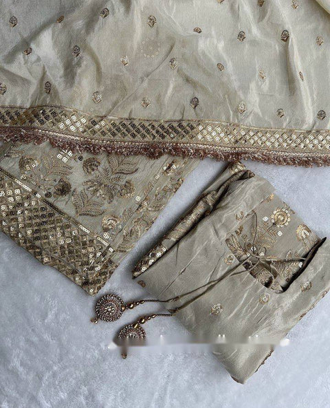 Beige Heavy Chinon Silk Top - Palazzo and Dupatta Set Fully Stitched For Women - ReadyToWearshop