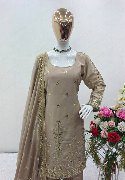 Beige Heavy Chinon Silk Top - Palazzo and Dupatta Set Fully Stitched For Women - ReadyToWearshop