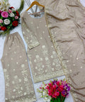 Beige Heavy Chinon Silk Top - Palazzo and Dupatta Set Fully Stitched For Women - ReadyToWearshop