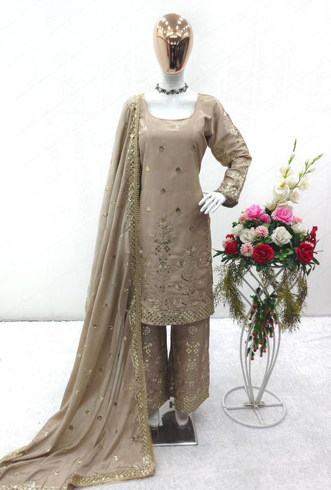 Beige Heavy Chinon Silk Top - Palazzo and Dupatta Set Fully Stitched For Women - ReadyToWearshop