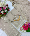 Beige Heavy Chinon Silk Top - Palazzo and Dupatta Set Fully Stitched For Women - ReadyToWearshop
