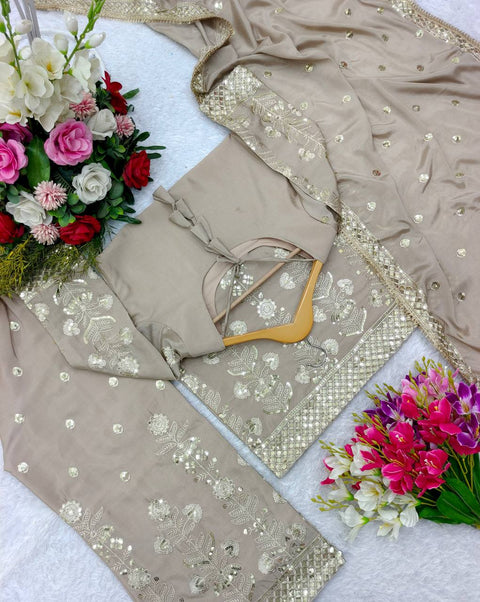 Beige Heavy Chinon Silk Top - Palazzo and Dupatta Set Fully Stitched For Women - ReadyToWearshop