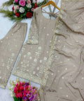 Beige Heavy Chinon Silk Top - Palazzo and Dupatta Set Fully Stitched For Women - ReadyToWearshop