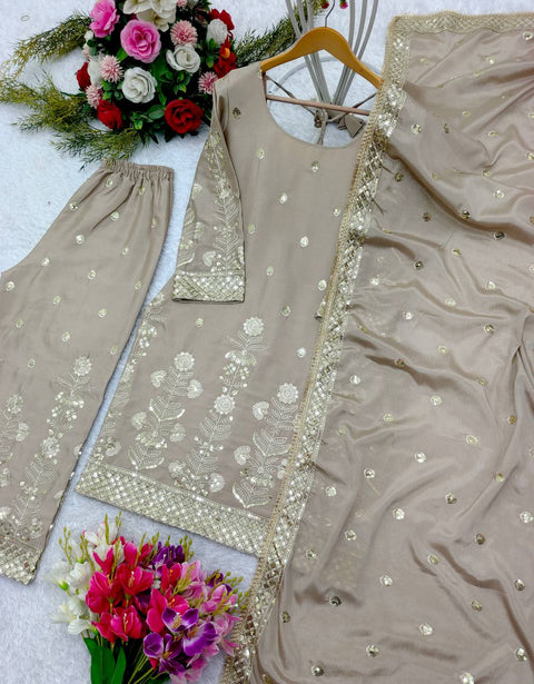 Beige Heavy Chinon Silk Top - Palazzo and Dupatta Set Fully Stitched For Women - ReadyToWearshop