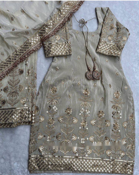 Beige Heavy Chinon Silk Top - Palazzo and Dupatta Set Fully Stitched For Women - ReadyToWearshop