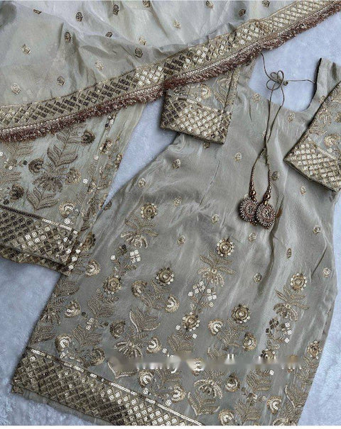 Beige Heavy Chinon Silk Top - Palazzo and Dupatta Set Fully Stitched For Women - ReadyToWearshop