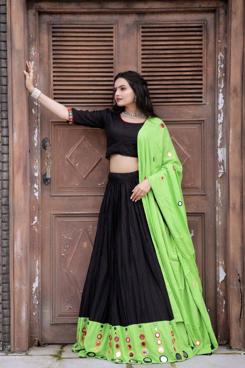 Black Attractive Reyon Real Mirror Works Lehenga Choli Dupatta Set For Woman - ReadyToWearshop