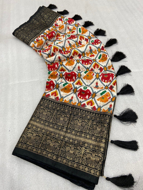 Black Dola silk sarees are known for their colourful diversity and geometric designs with patola print - ReadyToWearshop