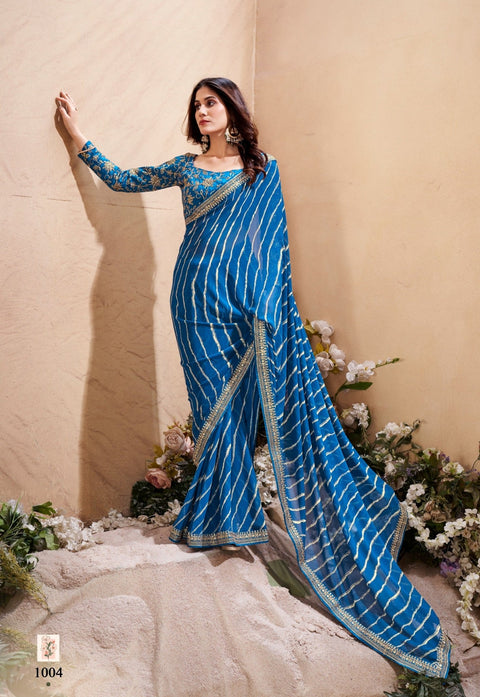 Blue Leheriya Saree with blouse in USA, Perfect for Indian wedding sequins saree - ReadyToWearshop