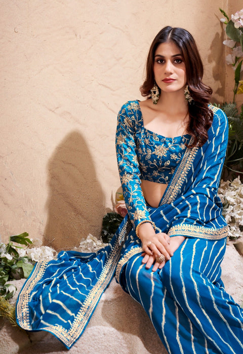 Blue Leheriya Saree with blouse in USA, Perfect for Indian wedding sequins saree - ReadyToWearshop