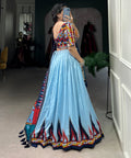 Blue luxurious Tussar silk fabric ensures comfort and elegance, making this lehenga choli for women - ReadyToWearshop