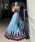 Blue luxurious Tussar silk fabric ensures comfort and elegance, making this lehenga choli for women - ReadyToWearshop