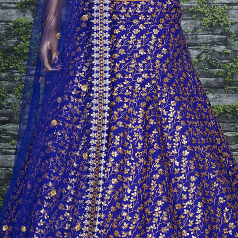 blue Raw silk lehenga with golden zari embroidered in vine pattern accentuated with golden sequins all over lehenga choli for women - ReadyToWearshop