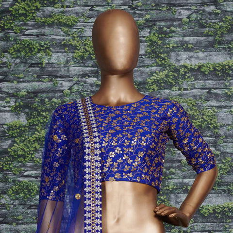 blue Raw silk lehenga with golden zari embroidered in vine pattern accentuated with golden sequins all over lehenga choli for women - ReadyToWearshop
