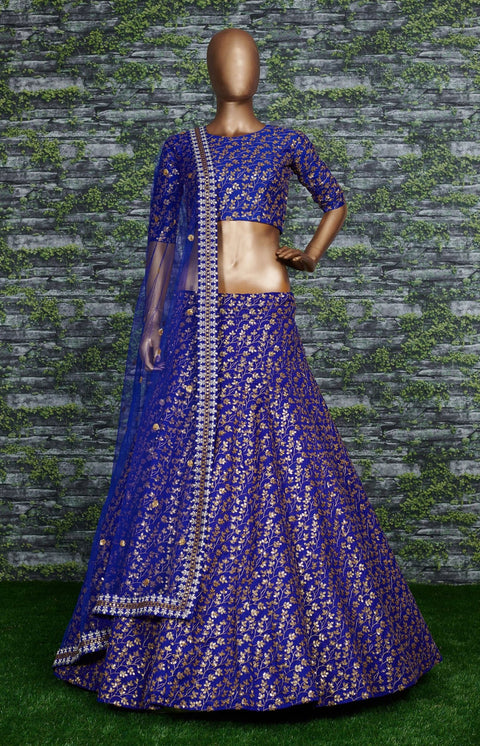 blue Raw silk lehenga with golden zari embroidered in vine pattern accentuated with golden sequins all over lehenga choli for women - ReadyToWearshop