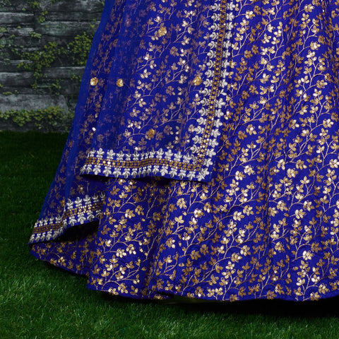 blue Raw silk lehenga with golden zari embroidered in vine pattern accentuated with golden sequins all over lehenga choli for women - ReadyToWearshop