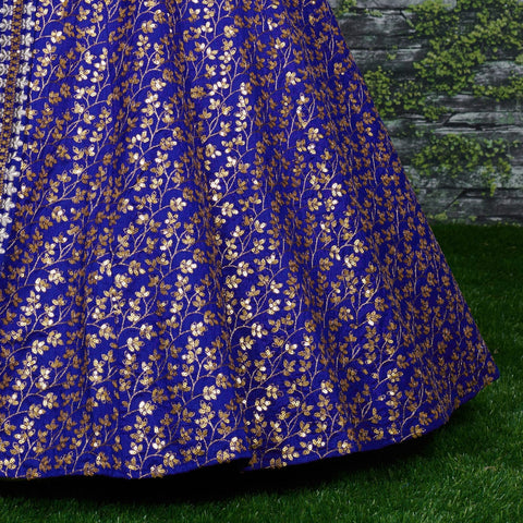 blue Raw silk lehenga with golden zari embroidered in vine pattern accentuated with golden sequins all over lehenga choli for women - ReadyToWearshop