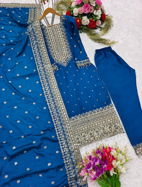 Blue Red Embroidery New Disine Top - Pent With Dupatt Set For Women In USA - ReadyToWearshop